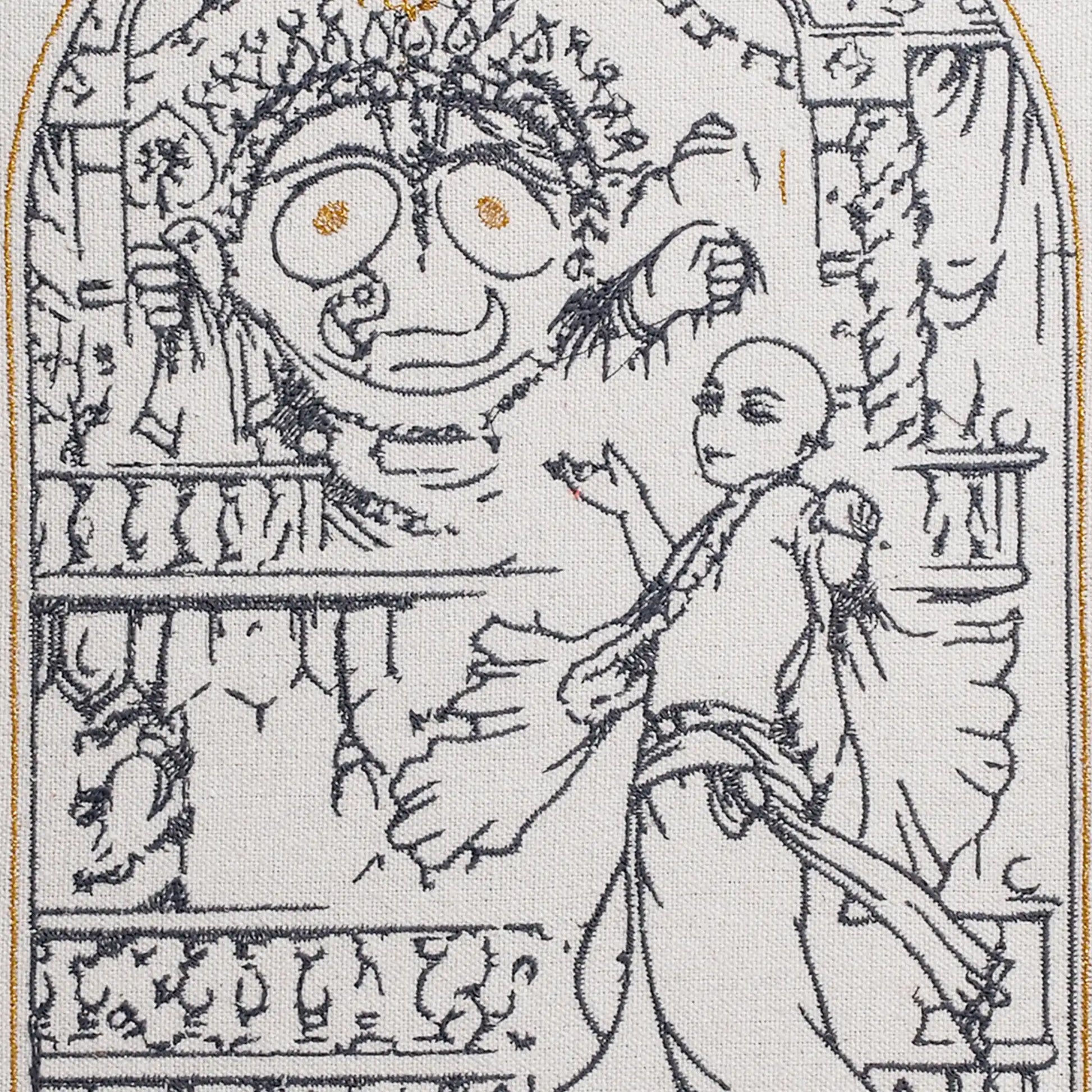 Close up of Lord Jagannath thread embroidery detail — spiritual wall art by Embroidist