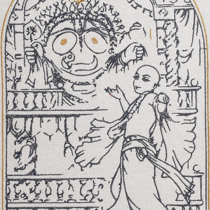 Close up of Lord Jagannath thread embroidery detail — spiritual wall art by Embroidist