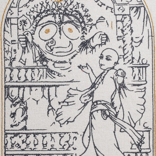 Close up of Lord Jagannath thread embroidery detail — spiritual wall art by Embroidist
