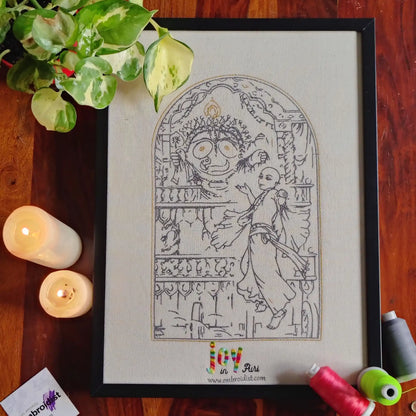 Joy in Puri Jagannathji embroidered wall art lifestyle image — framed art in home setting by Embroidist