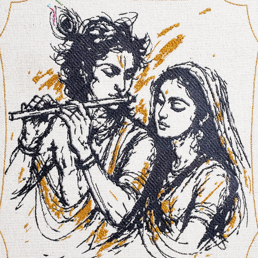 Close up of Radha Krishna thread embroidery detail — spiritual wall art by Embroidist