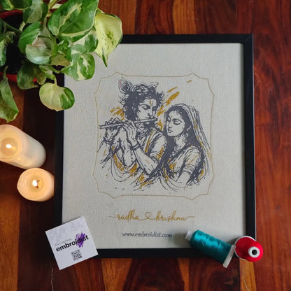 Radha Krishna Divine Flute embroidered wall art lifestyle image — framed art in home setting by Embroidist