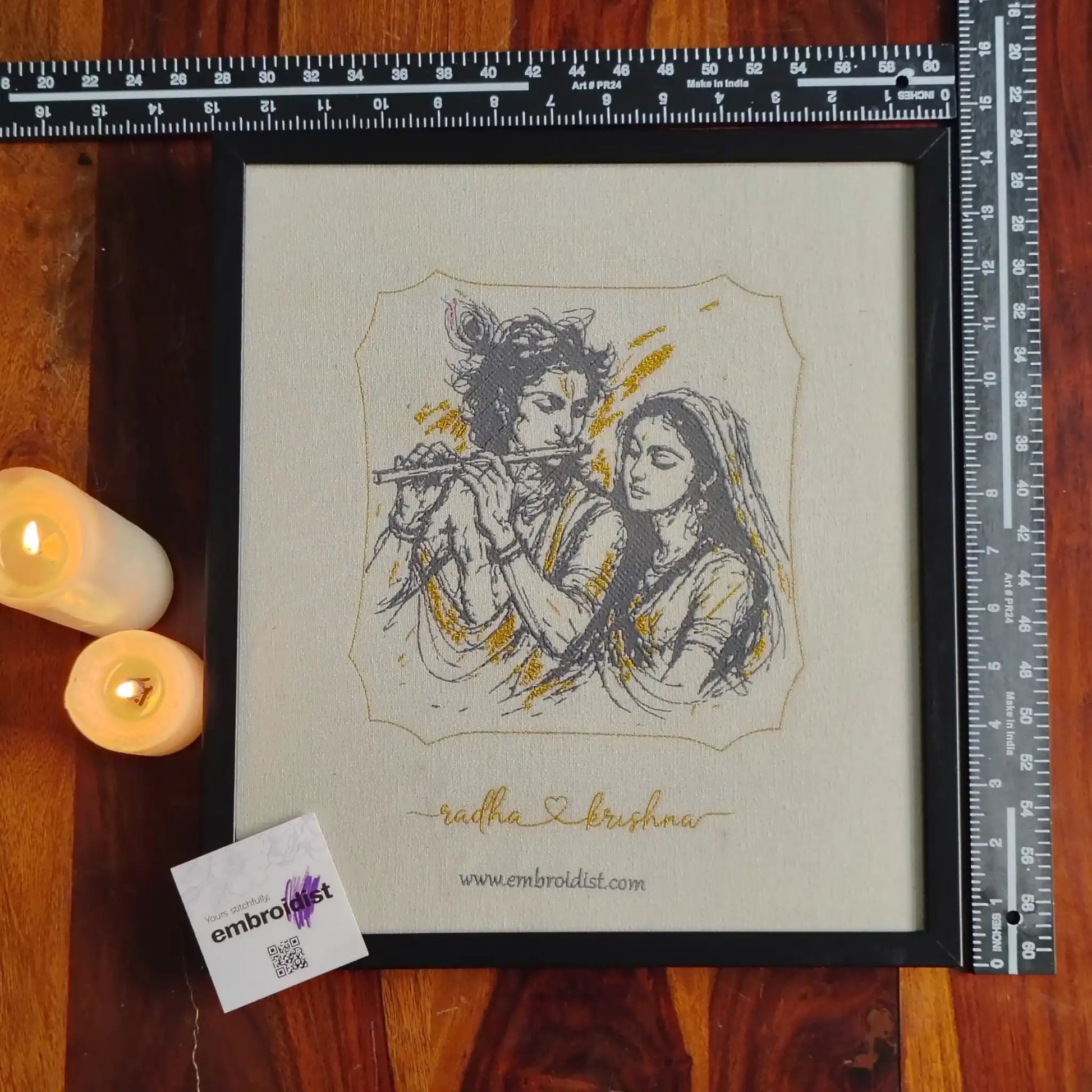 Framed Radha Krishna Divine Flute embroidered wall art — 14.0x12.5 inch machine embroidery handcrafted in India by Embroidist