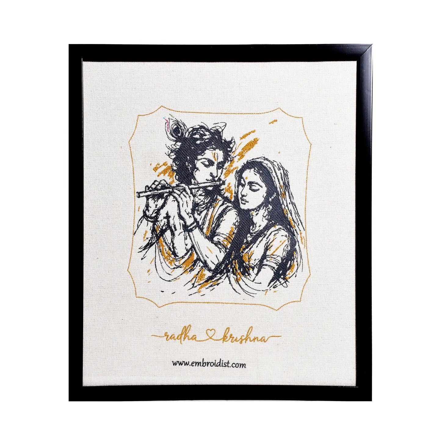 Machine embroidered Radha Krishna divine flute wall art — 59,293 stitches on canvas by Embroidist