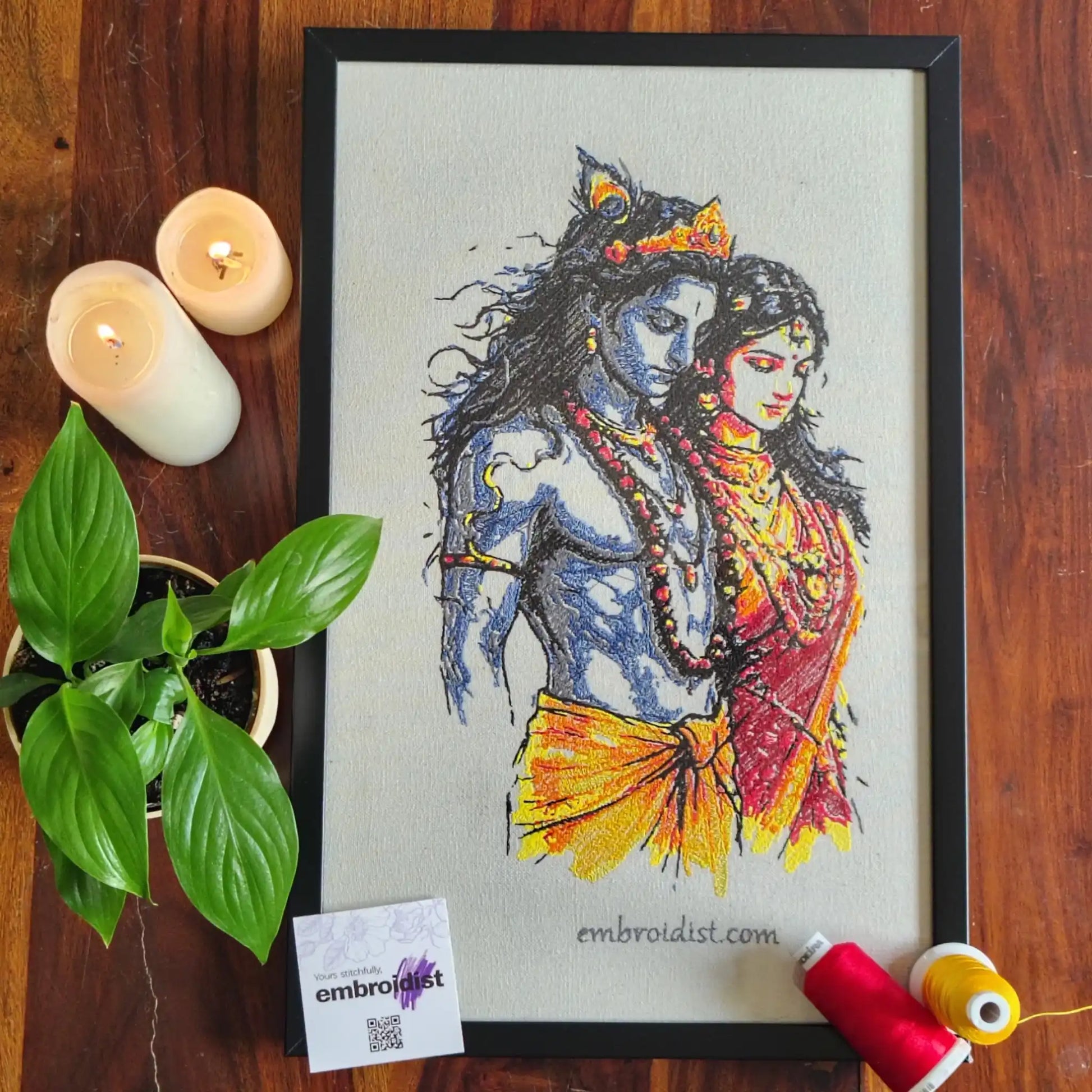 Radha Krishna Eternal embroidered wall art lifestyle image — framed art in home setting by Embroidist