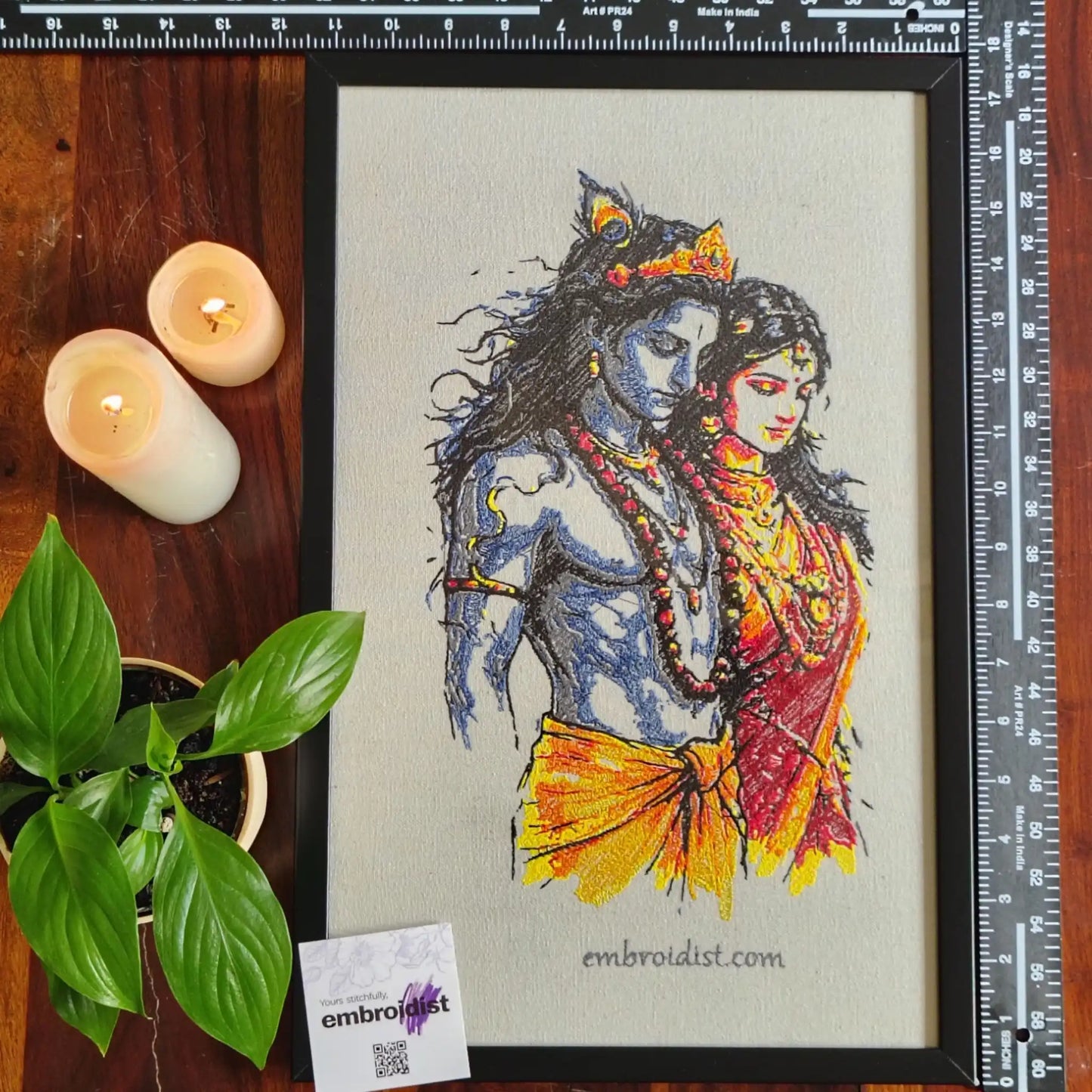 Framed Radha Krishna Eternal embroidered wall art — 17.3x11.3 inch machine embroidery handcrafted in India by Embroidist