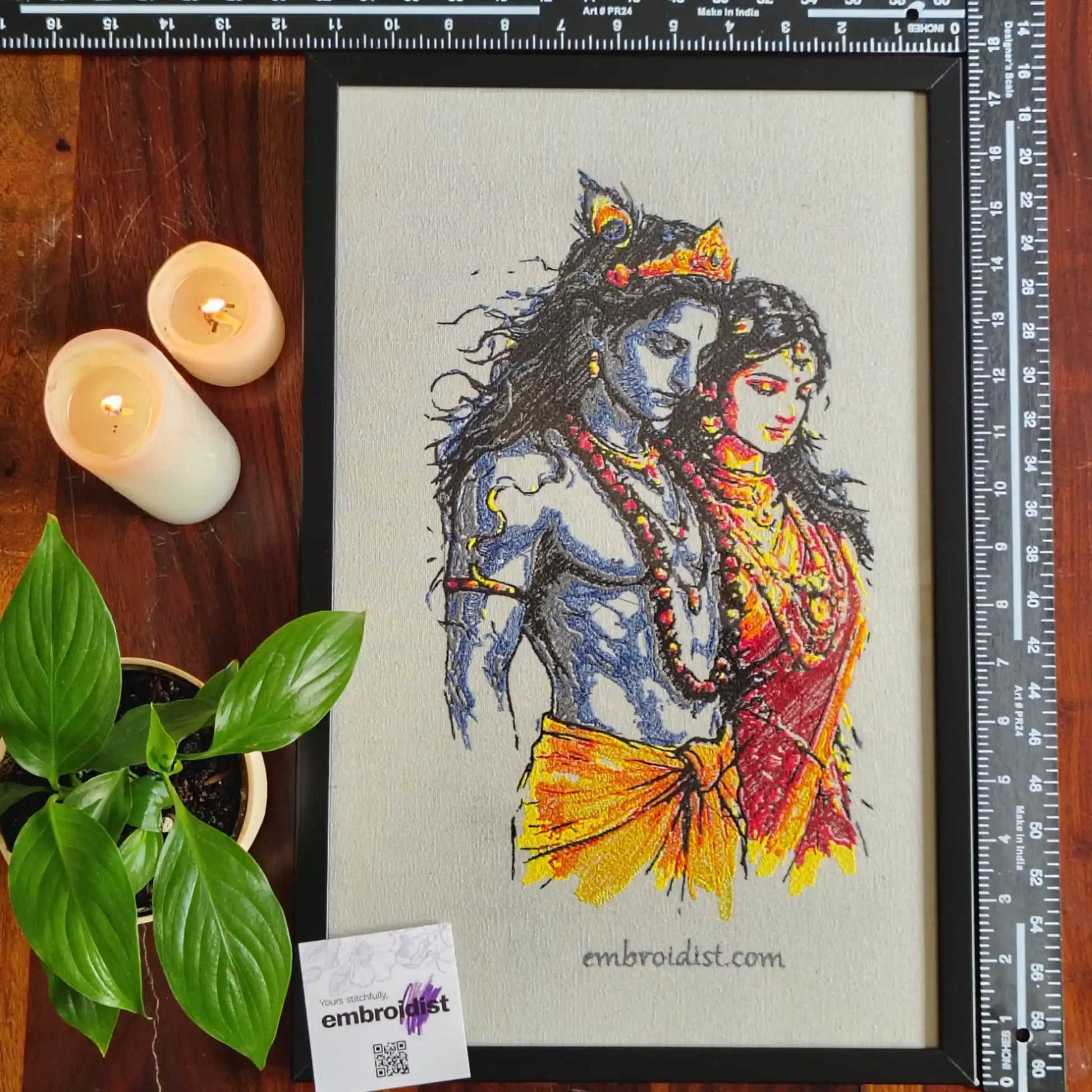 Framed Radha Krishna Eternal embroidered wall art — 17.3x11.3 inch machine embroidery handcrafted in India by Embroidist