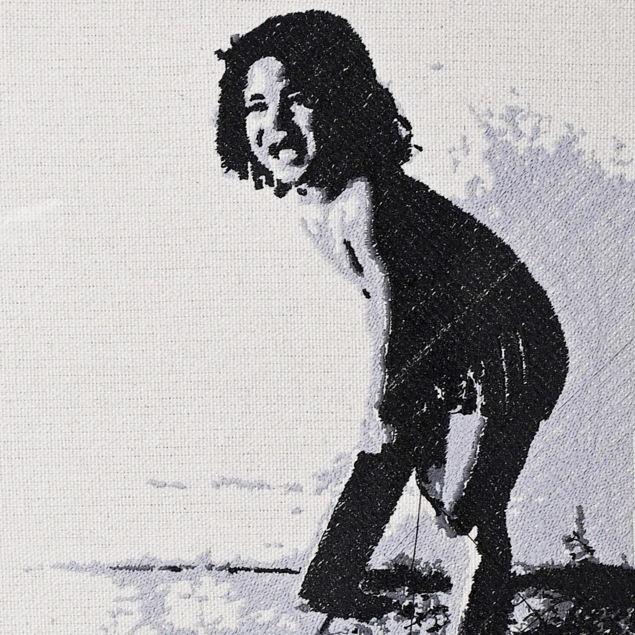 Close up of Sachin Tendulkar thread embroidery portrait detail — cricket wall art by Embroidist