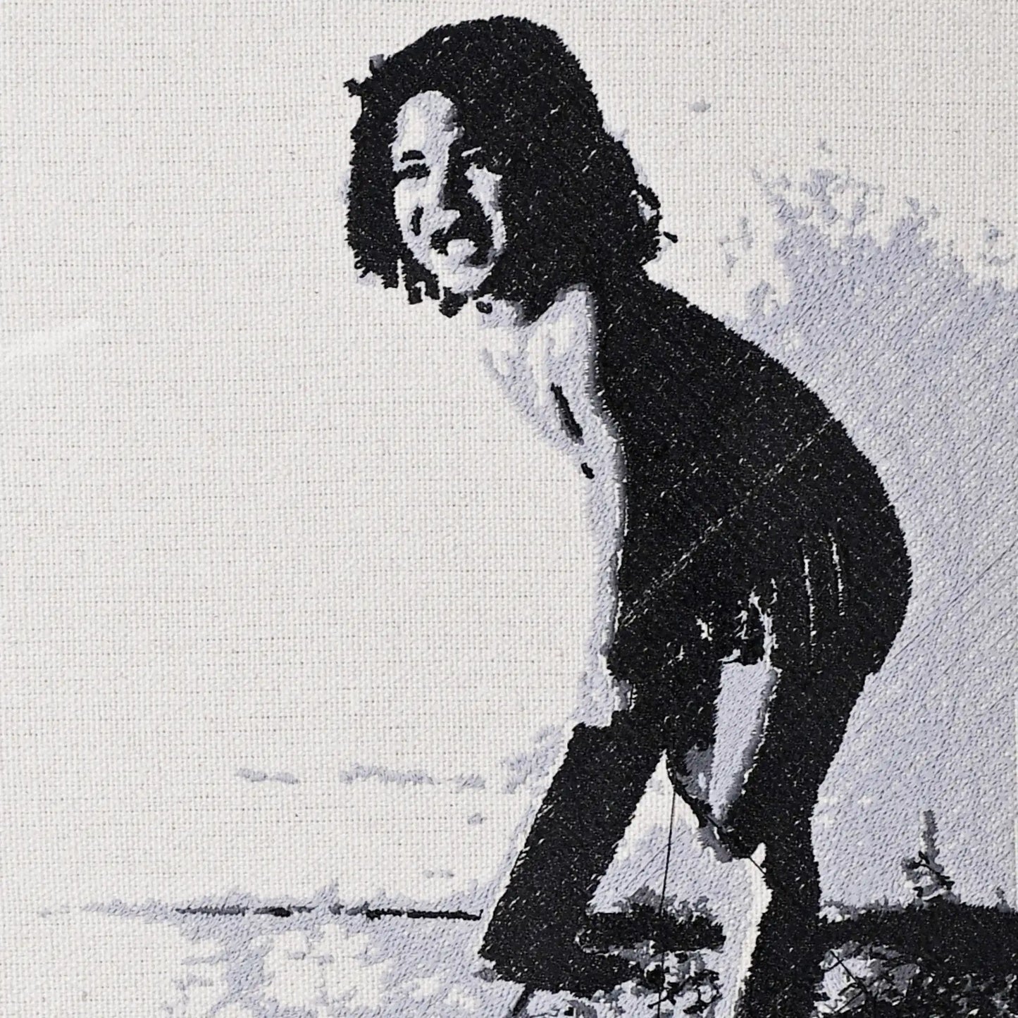 Close up of Sachin Tendulkar thread embroidery portrait detail — cricket wall art by Embroidist
