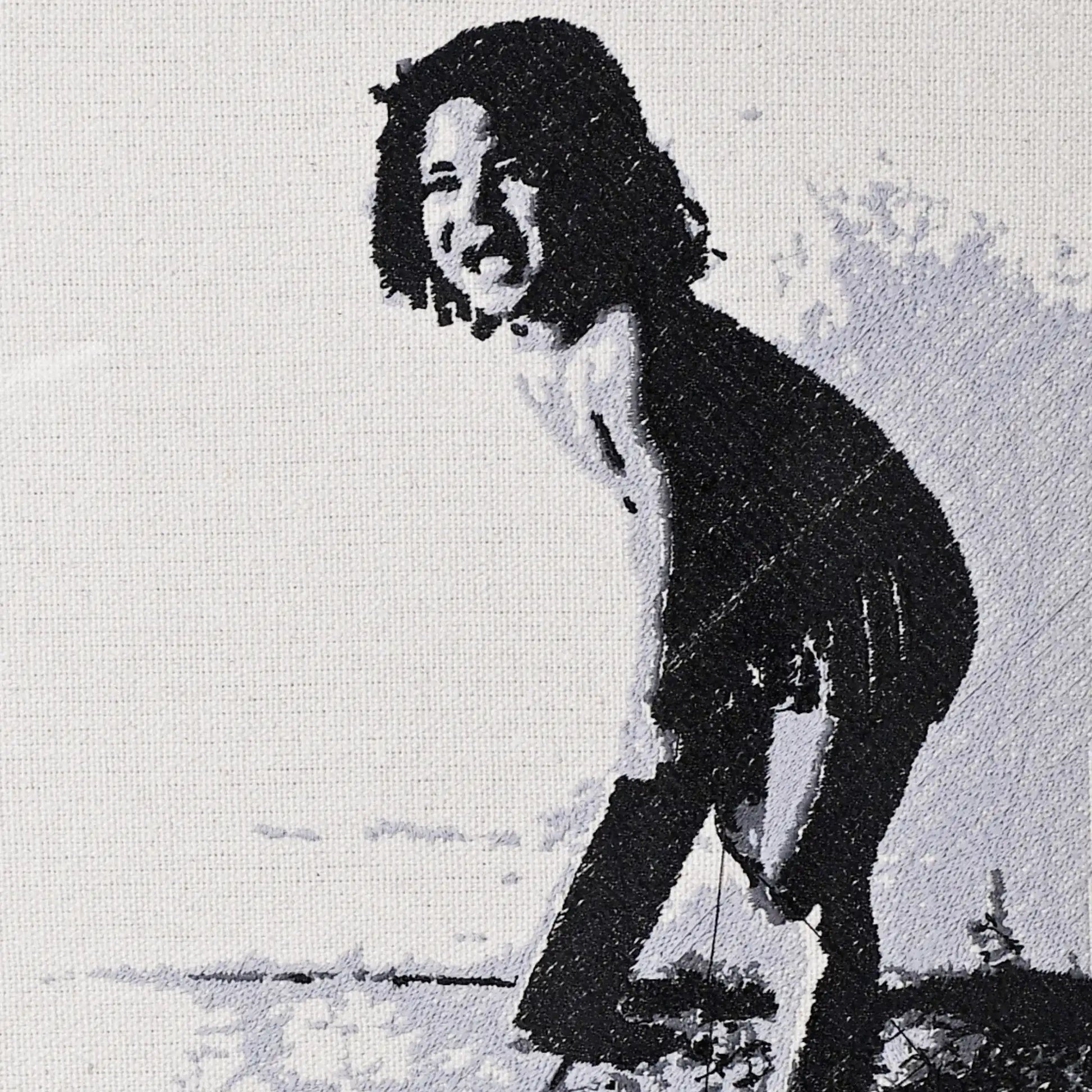 Close up of Sachin Tendulkar thread embroidery portrait detail — cricket wall art by Embroidist