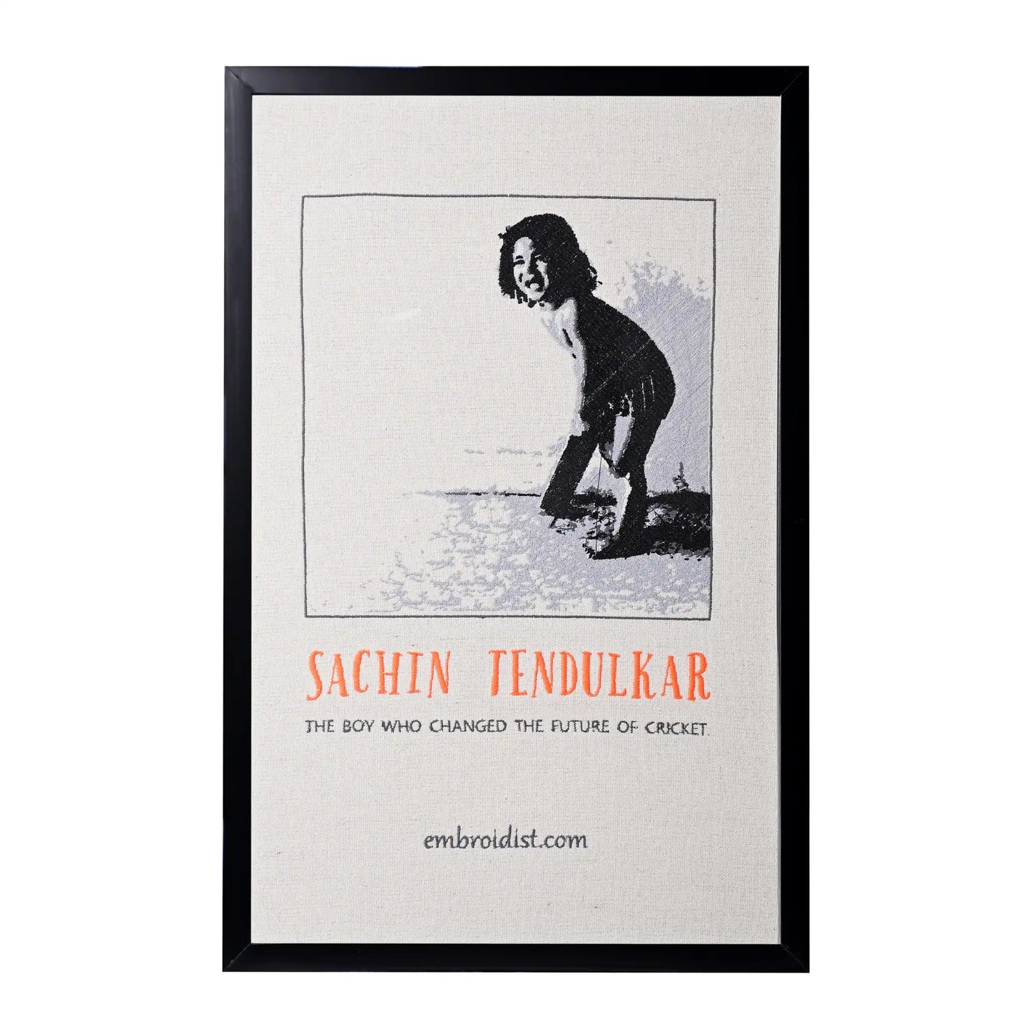 Machine embroidered Sachin Tendulkar portrait wall art — 65,510 stitches on canvas by Embroidist