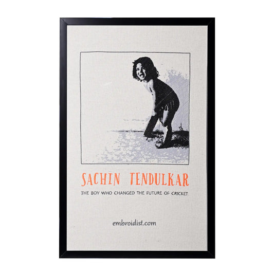 Machine embroidered Sachin Tendulkar portrait wall art — 65,510 stitches on canvas by Embroidist