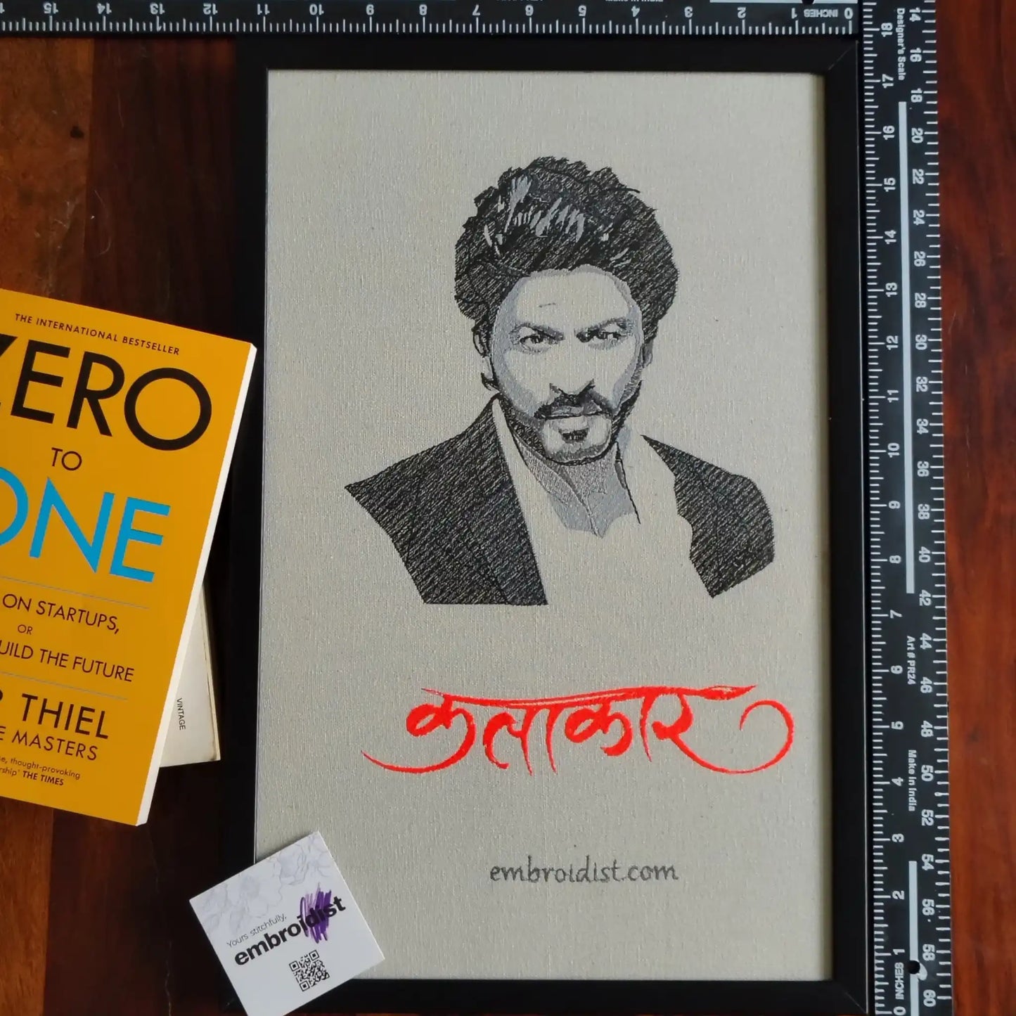 Framed Shah Rukh Khan embroidered wall art — 17.3x11.3 inch machine embroidery handcrafted in India by Embroidist