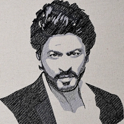 Close up of Shah Rukh Khan thread embroidery portrait detail — Bollywood wall art by Embroidist
