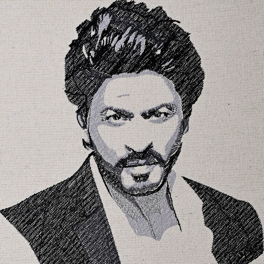 Close up of Shah Rukh Khan thread embroidery portrait detail — Bollywood wall art by Embroidist