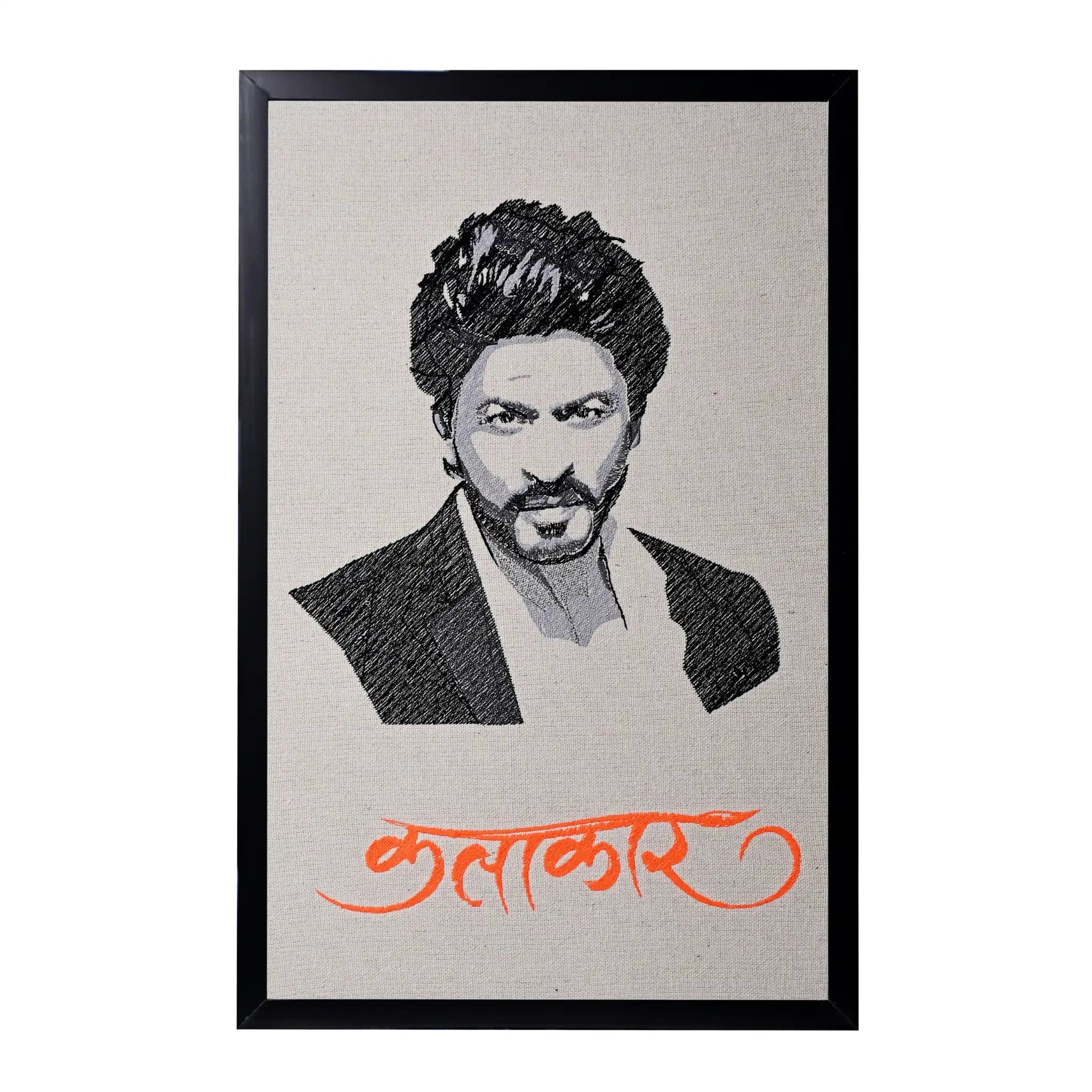 Machine embroidered Shah Rukh Khan portrait wall art — 32,359 stitches on canvas by Embroidist