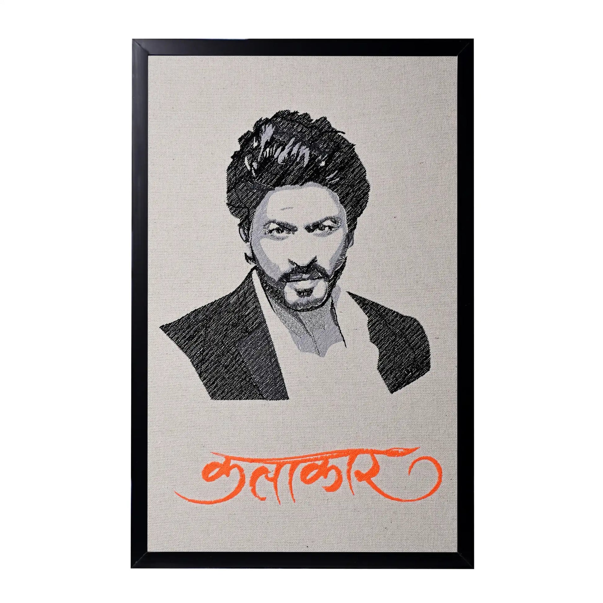 Machine embroidered Shah Rukh Khan portrait wall art — 32,359 stitches on canvas by Embroidist