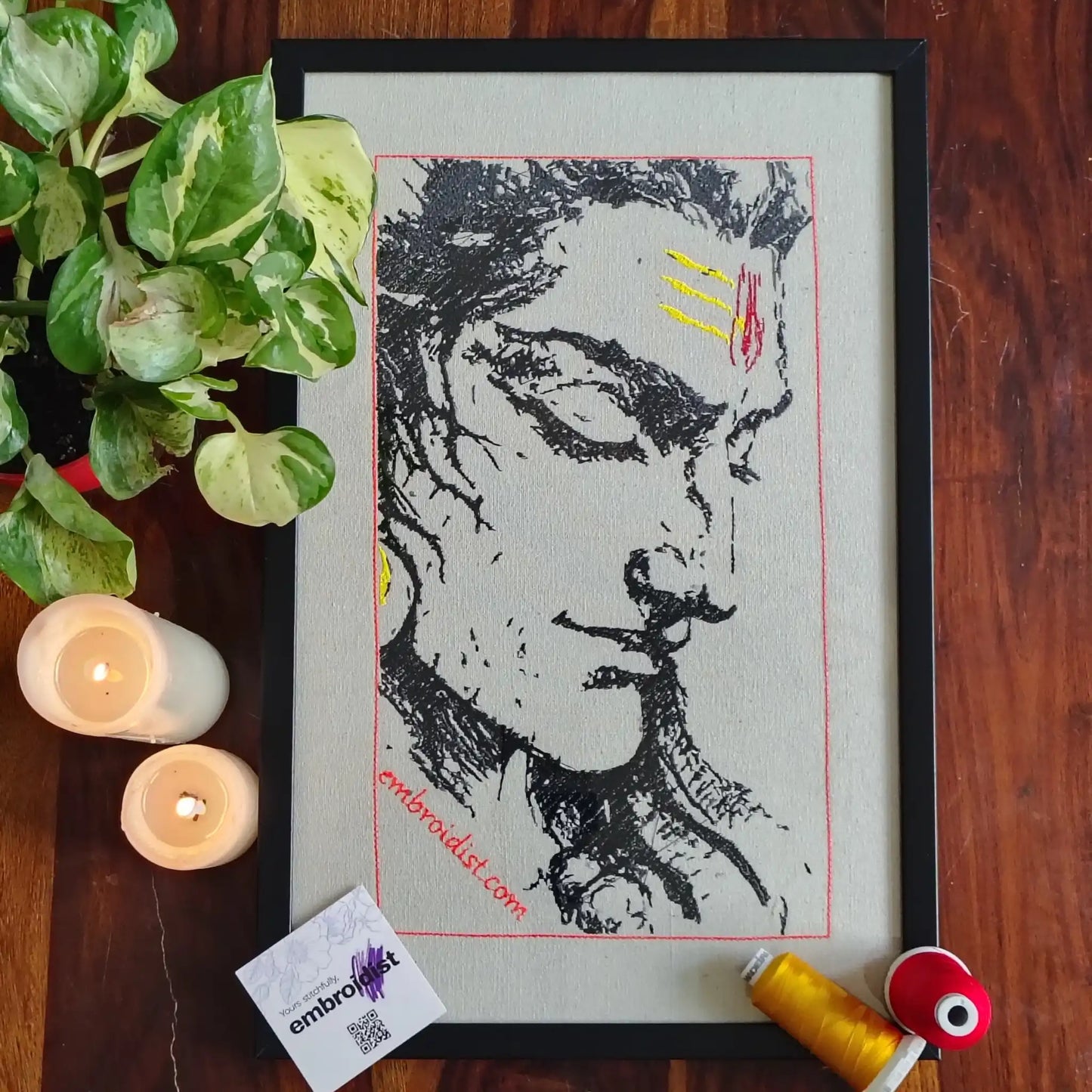 Shiva The Side Sees Everything embroidered wall art lifestyle image — framed art in home setting by Embroidist