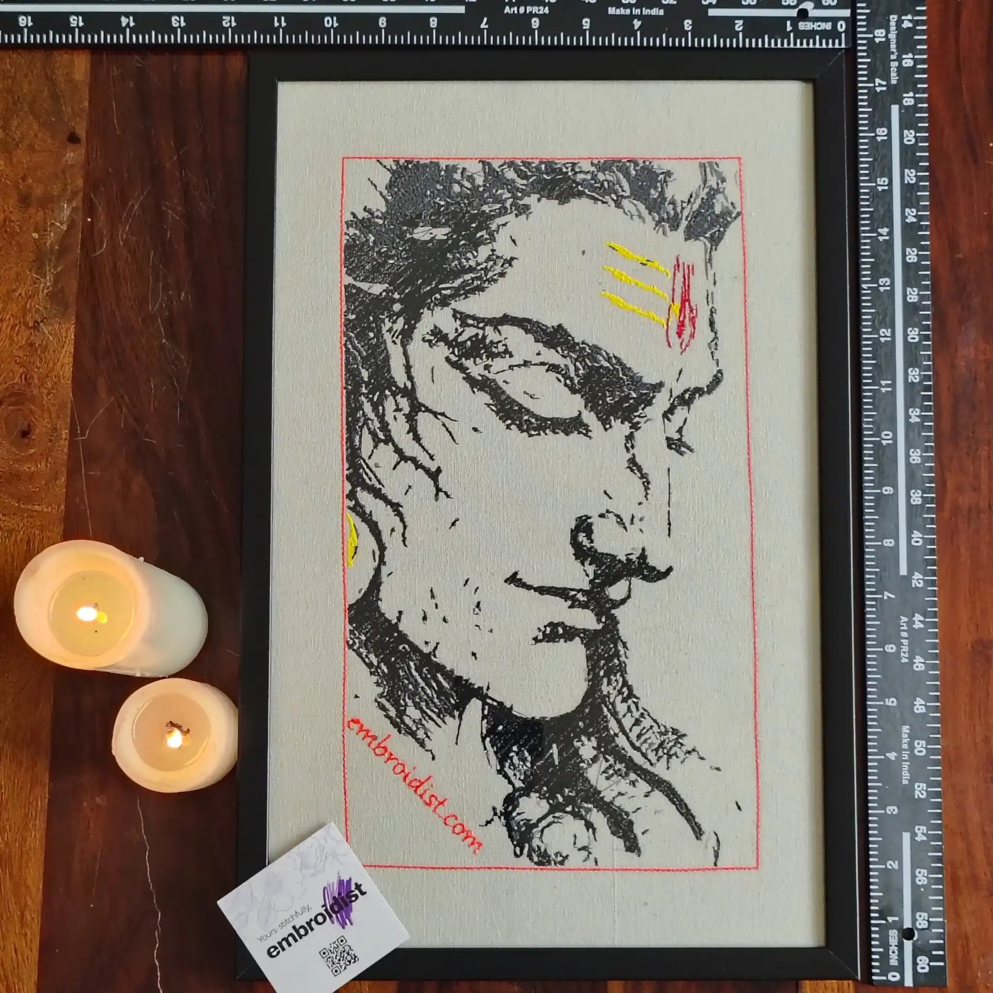 Framed Lord Shiva side profile embroidered wall art — 17.3x11.3 inch machine embroidery handcrafted in India by Embroidist