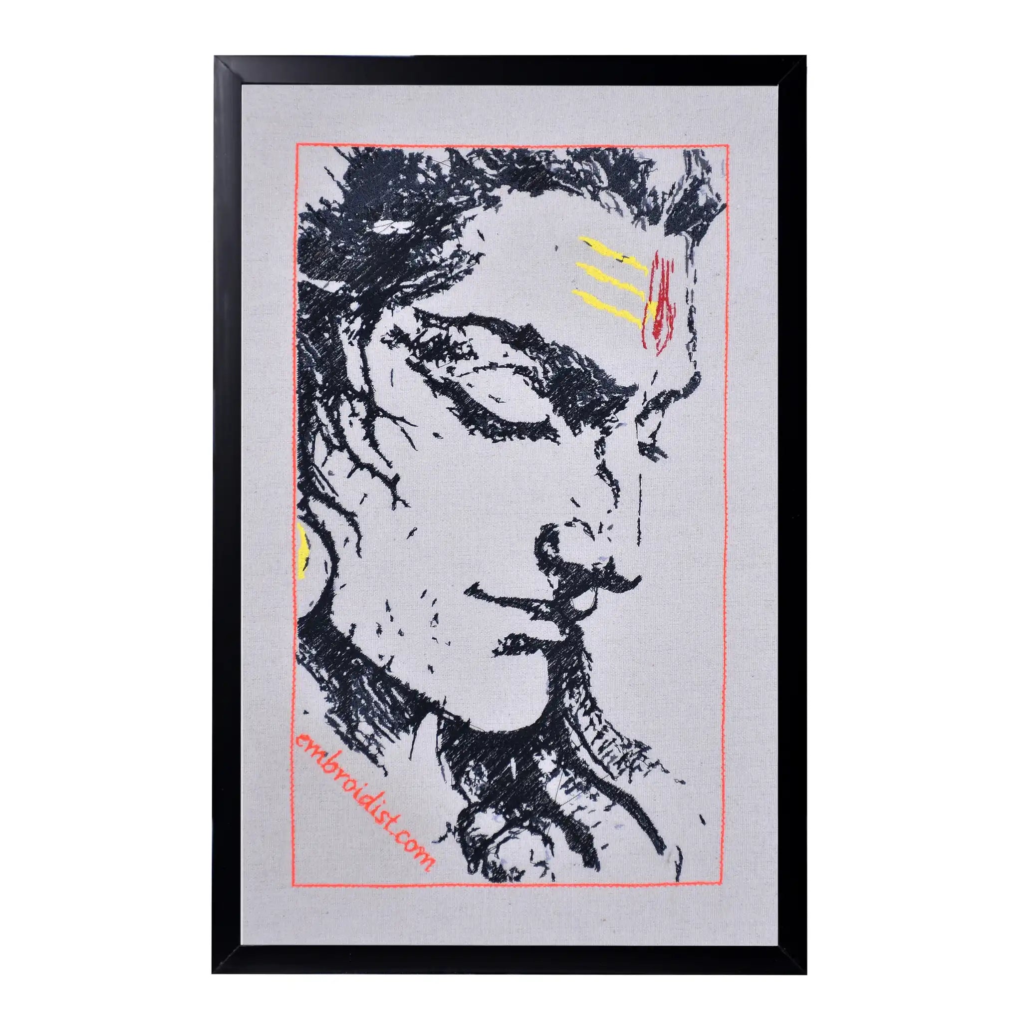 Machine embroidered Lord Shiva side profile wall art — 68,112 stitches on canvas by Embroidist