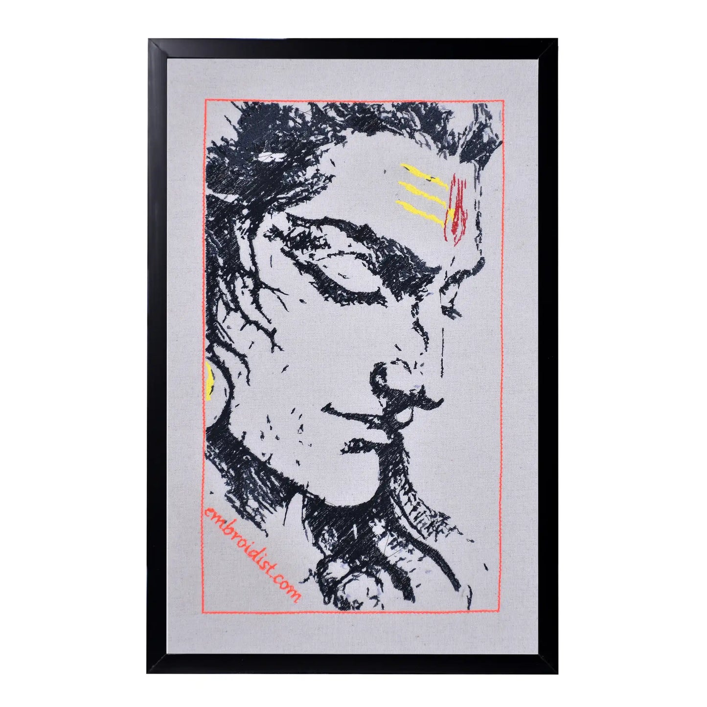 Machine embroidered Lord Shiva side profile wall art — 68,112 stitches on canvas by Embroidist