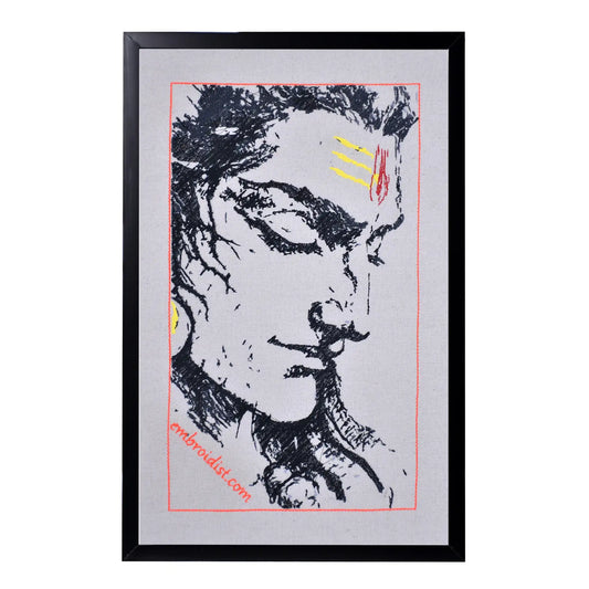 Machine embroidered Lord Shiva side profile wall art — 68,112 stitches on canvas by Embroidist