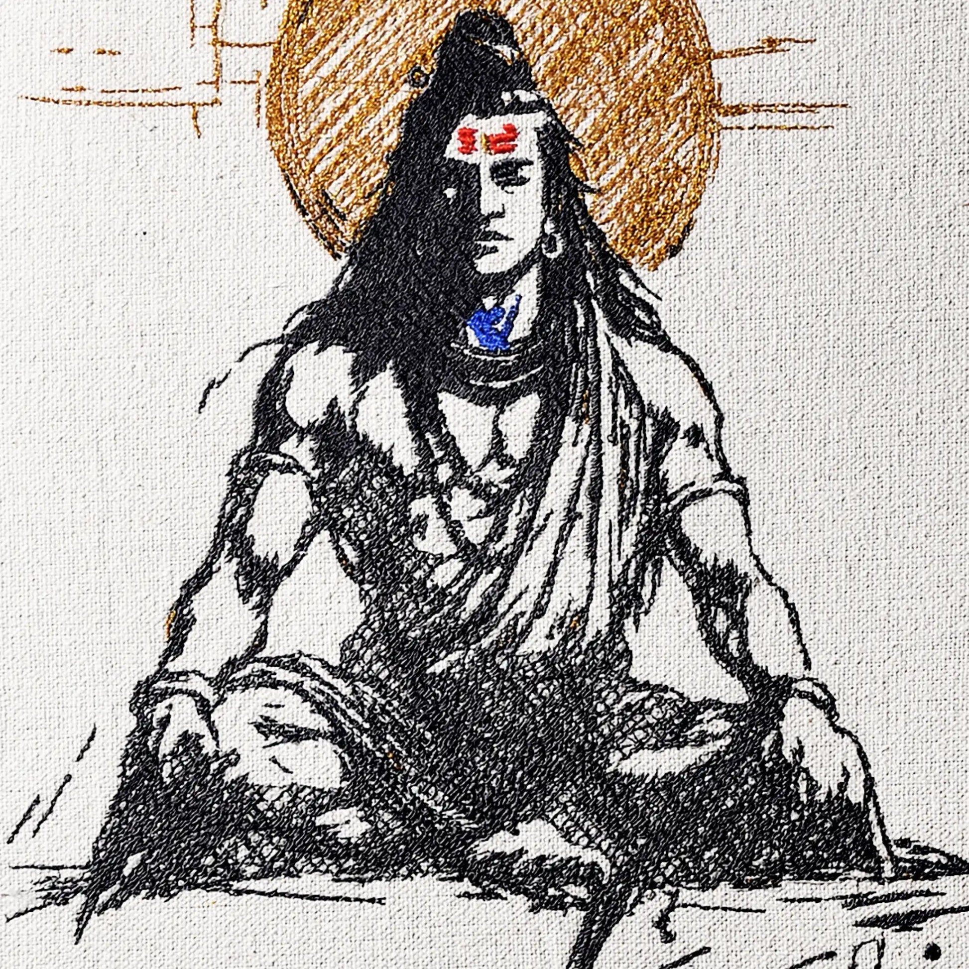 Close up of Lord Shiva thread embroidery detail — spiritual wall art by Embroidist