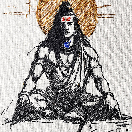 Close up of Lord Shiva thread embroidery detail — spiritual wall art by Embroidist