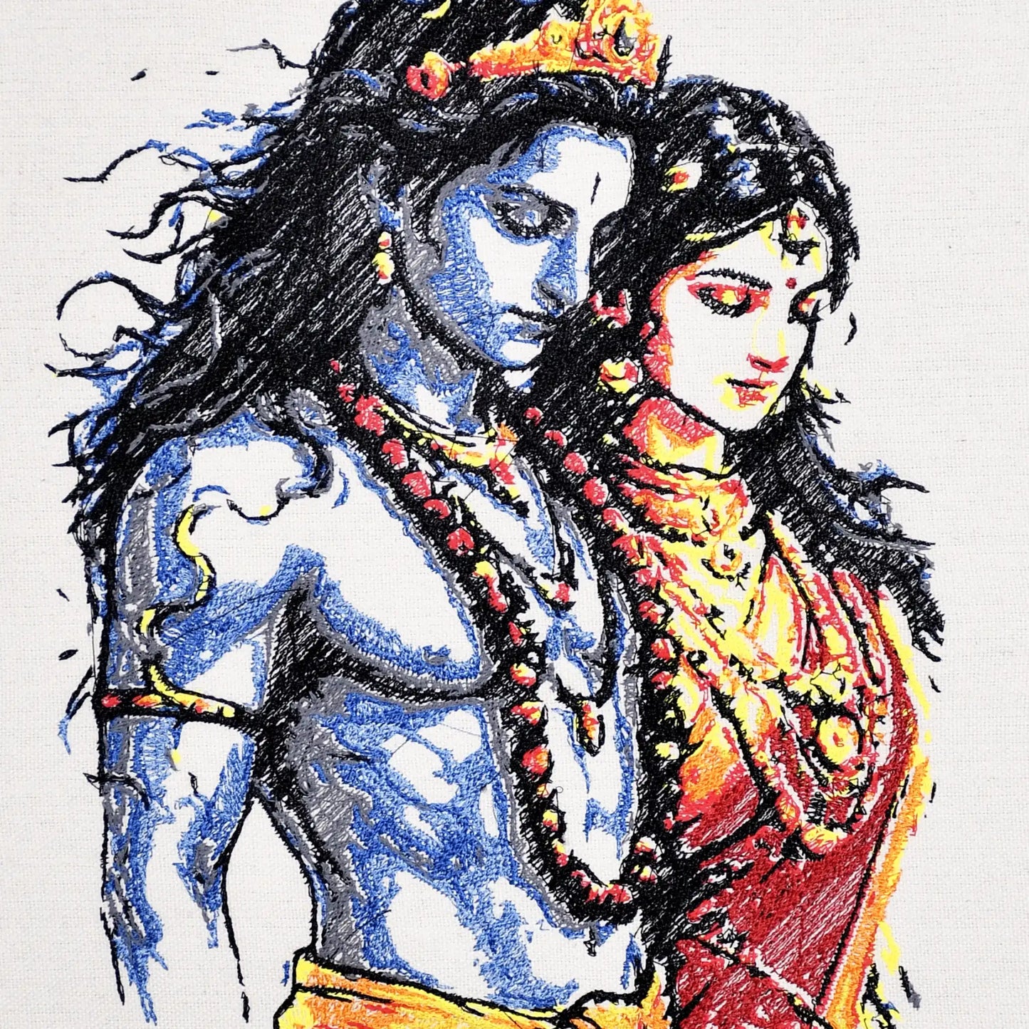 Close up of Radha Krishna eternal thread embroidery detail — spiritual wall art by Embroidist