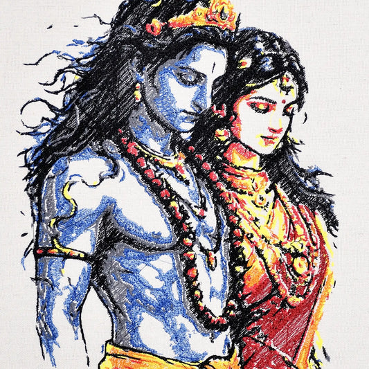 Close up of Radha Krishna eternal thread embroidery detail — spiritual wall art by Embroidist