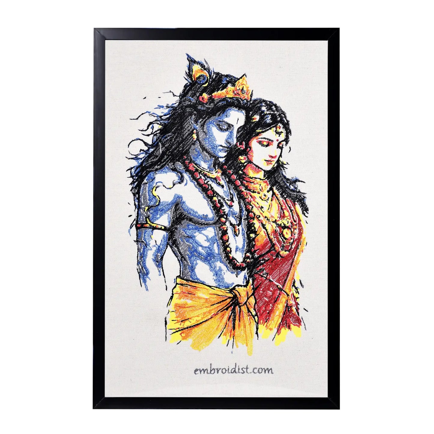 Machine embroidered Radha Krishna eternal wall art — 1,05,850 stitches on canvas by Embroidist