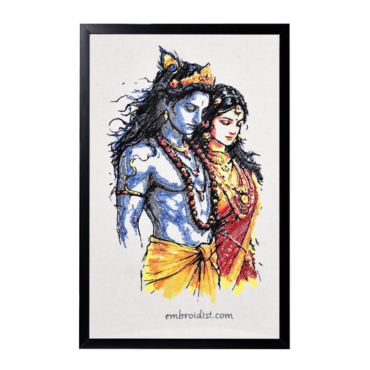 Machine embroidered Radha Krishna eternal wall art — 1,05,850 stitches on canvas by Embroidist