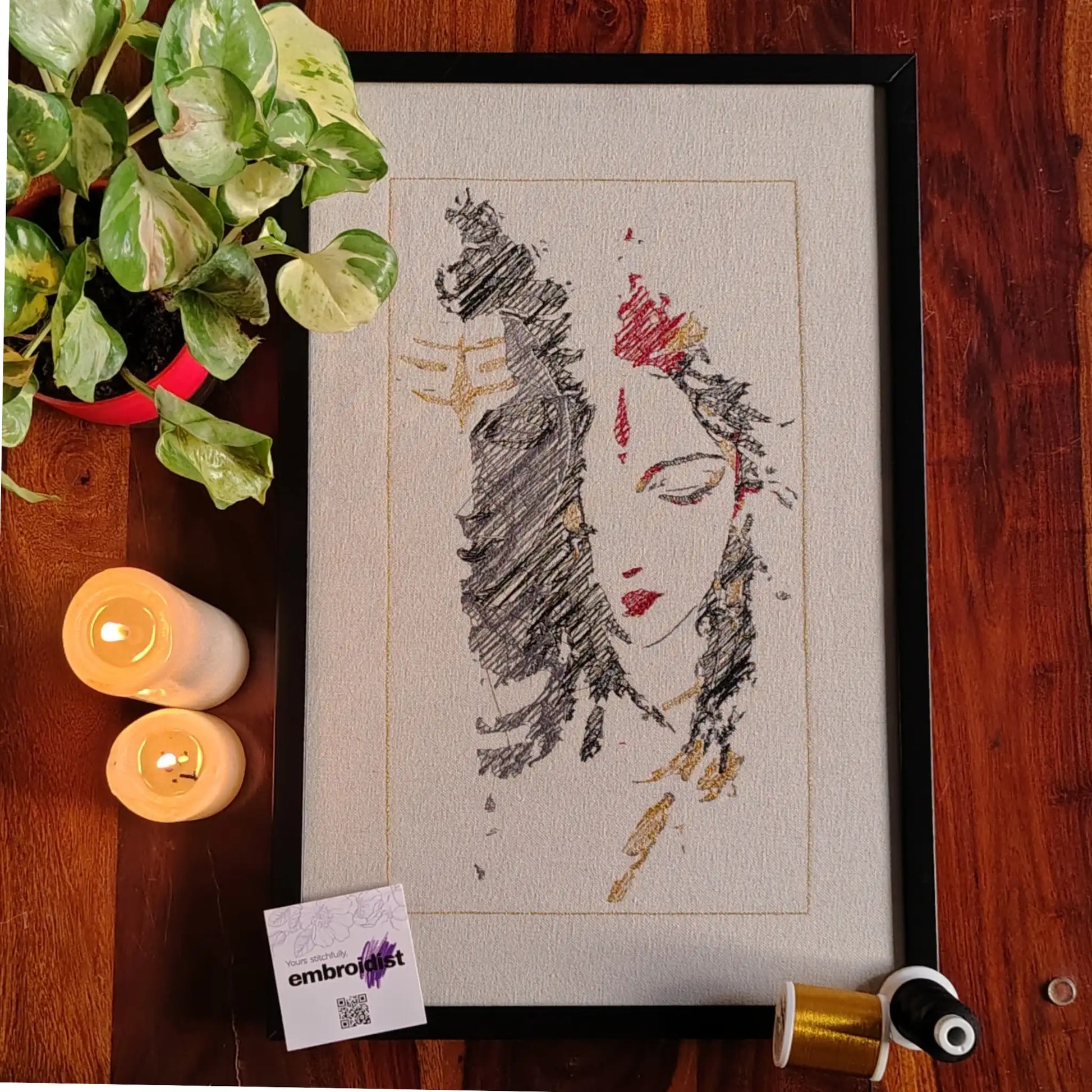 Shiv Shakti embroidered wall art lifestyle image — framed art in home setting by Embroidist