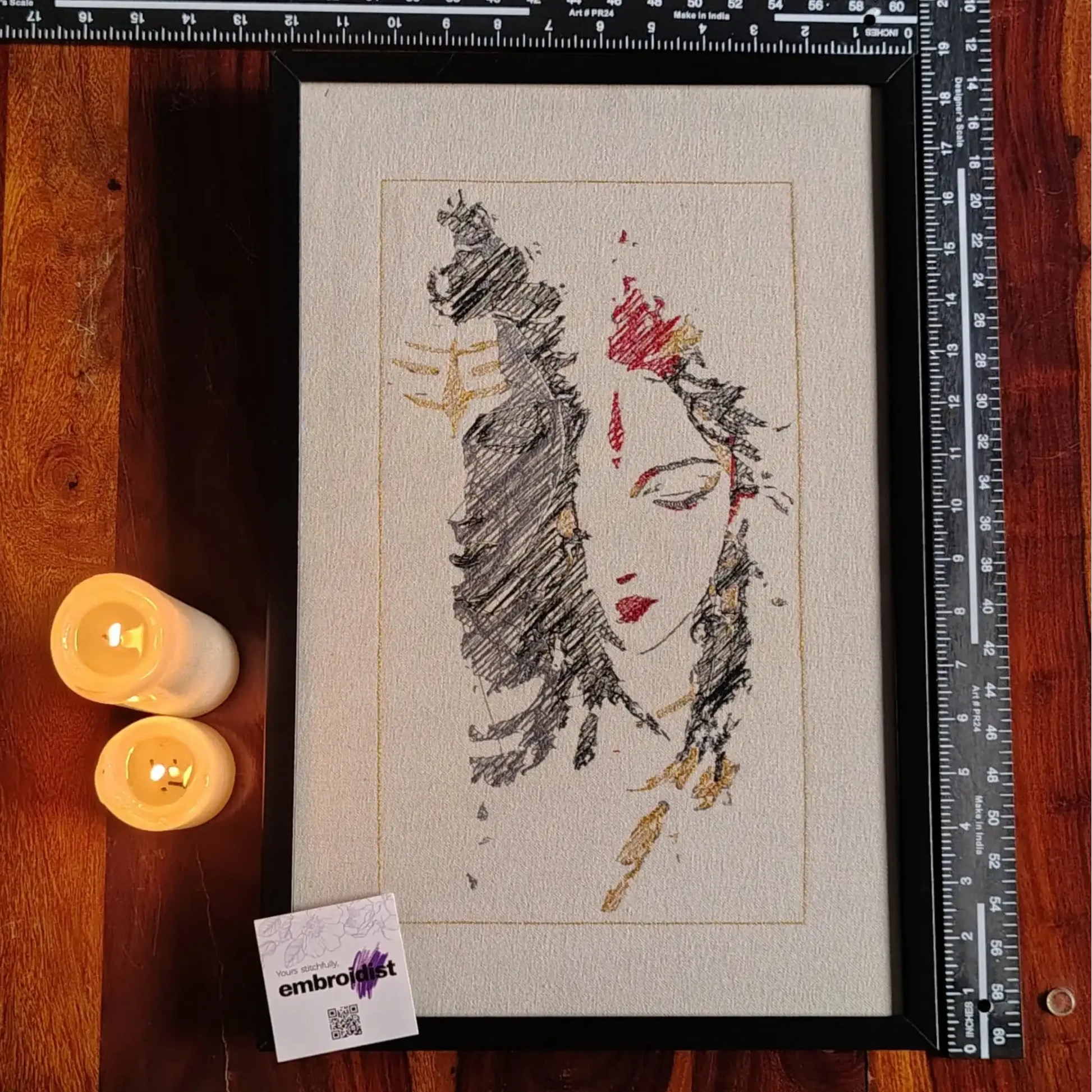 Framed Shiv Shakti embroidered wall art — 18.3x12.0 inch machine embroidery handcrafted in India by Embroidist