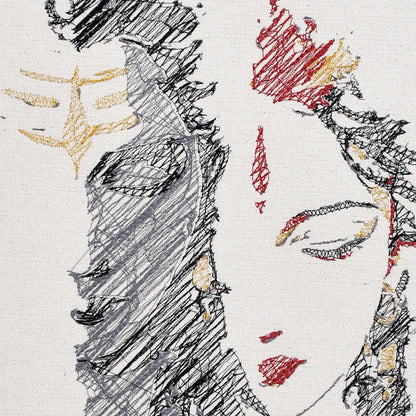 Close up of Shiv Shakti thread embroidery detail — spiritual wall art by Embroidist