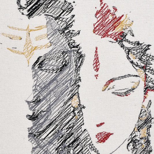Close up of Shiv Shakti thread embroidery detail — spiritual wall art by Embroidist