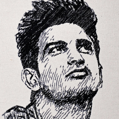 Close up of Sushant Singh Rajput thread embroidery portrait detail — wall art by Embroidist
