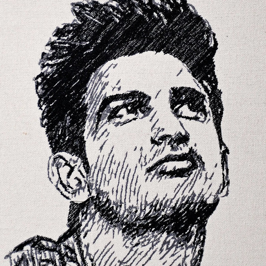 Close up of Sushant Singh Rajput thread embroidery portrait detail — wall art by Embroidist