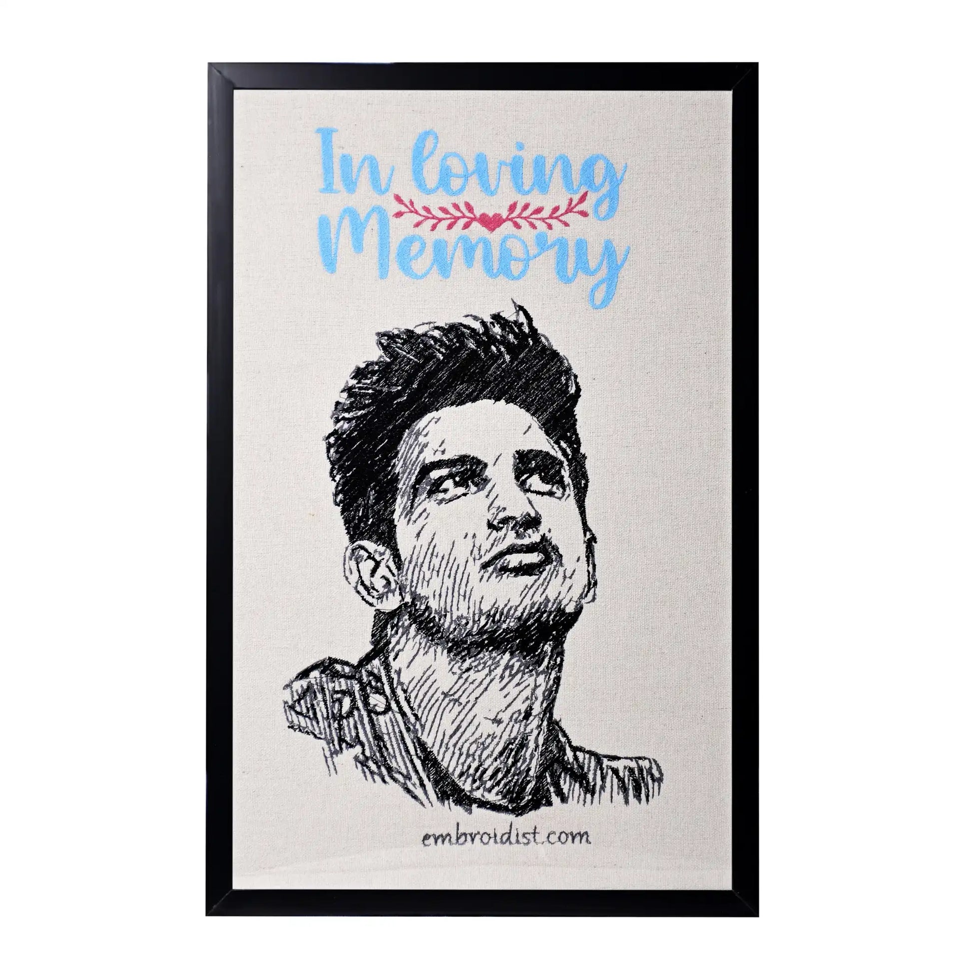 Machine embroidered Sushant Singh Rajput memorial wall art — 70,171 stitches on canvas by Embroidist