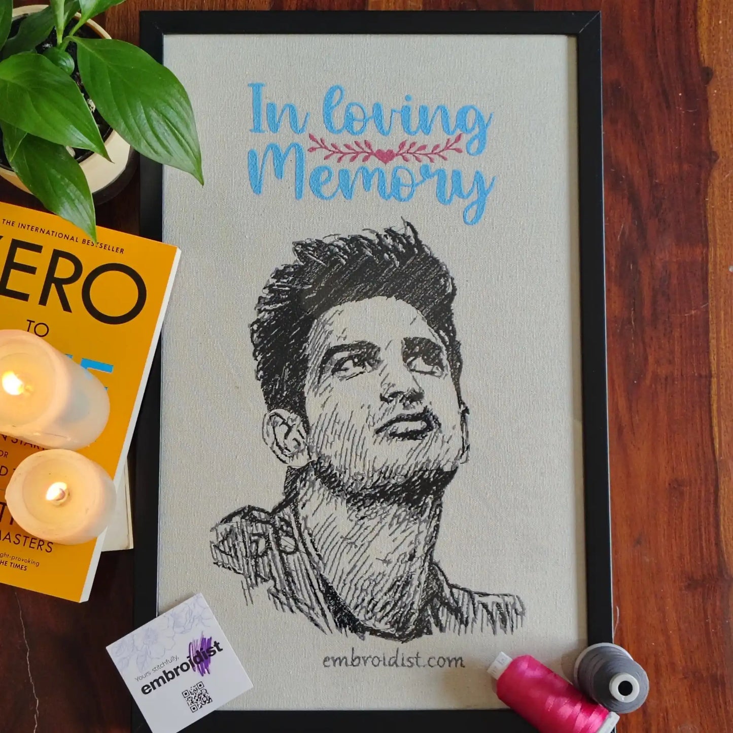 Sushant In Loving Memory embroidered wall art lifestyle image — framed art in home setting by Embroidist