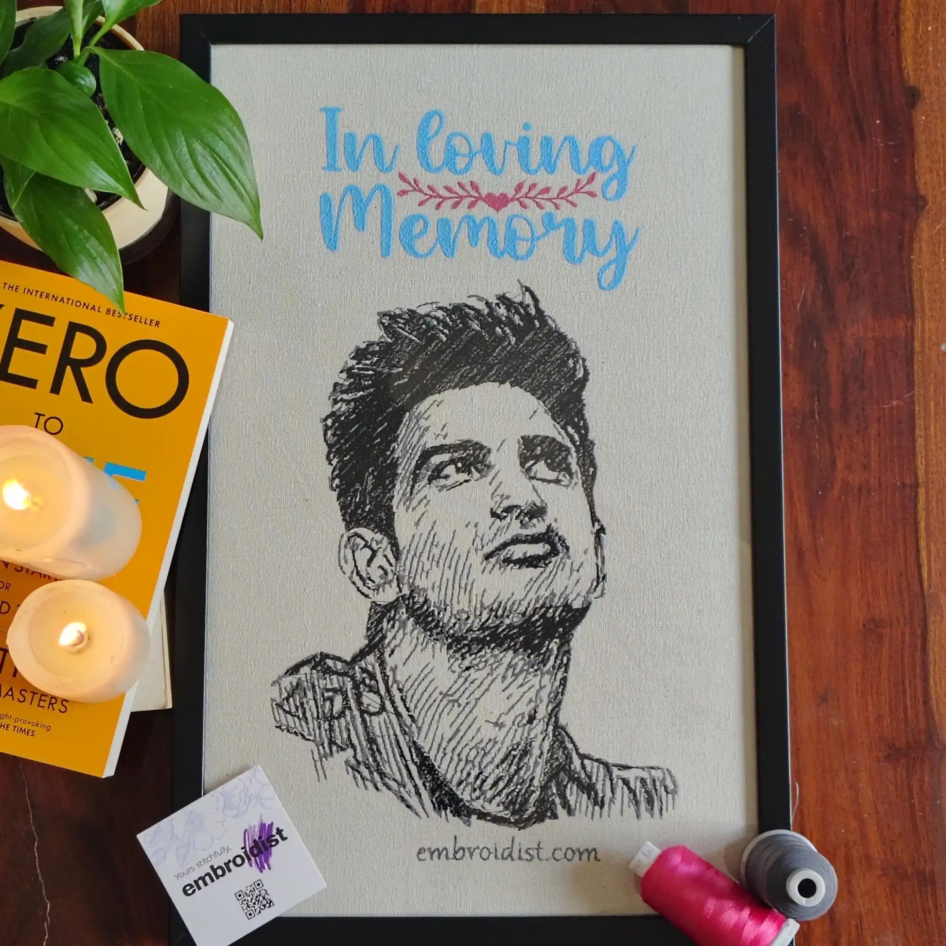 Sushant In Loving Memory embroidered wall art lifestyle image — framed art in home setting by Embroidist