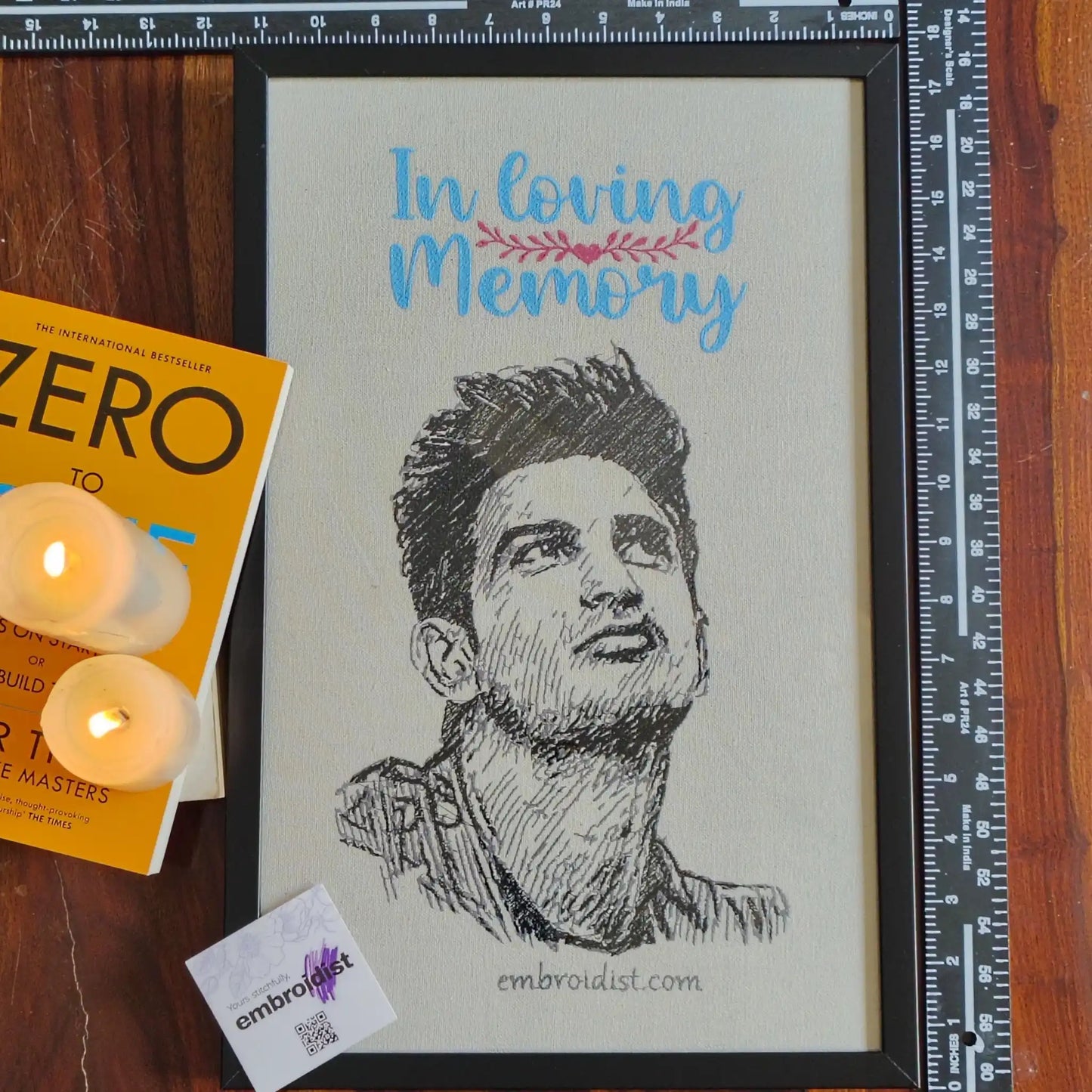 Framed Sushant Singh Rajput memorial embroidered wall art — 17.3x11.3 inch machine embroidery handcrafted in India by Embroidist
