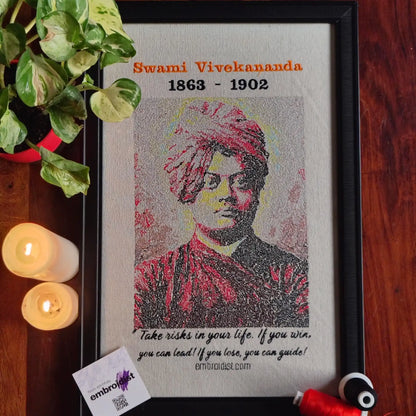 Swami Vivekananda embroidered wall art lifestyle image — framed art in home setting by Embroidist