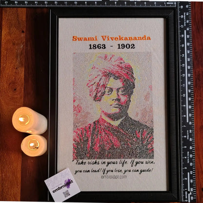 Framed Swami Vivekananda embroidered wall art — 18.5x12.5 inch machine embroidery handcrafted in India by Embroidist
