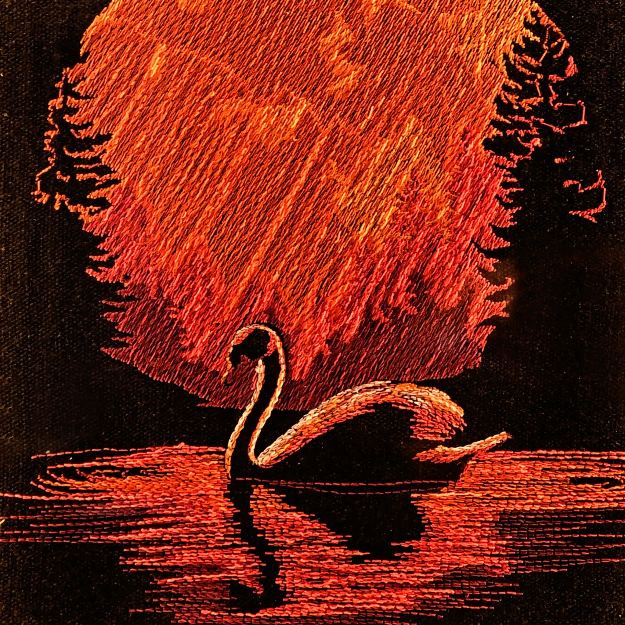Close up of crimson thread embroidery detail — swan wall art by Embroidist