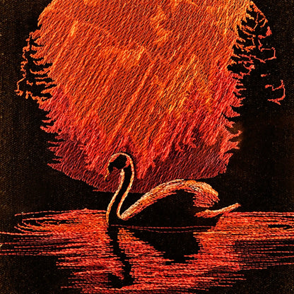 Close up of crimson thread embroidery detail — swan wall art by Embroidist