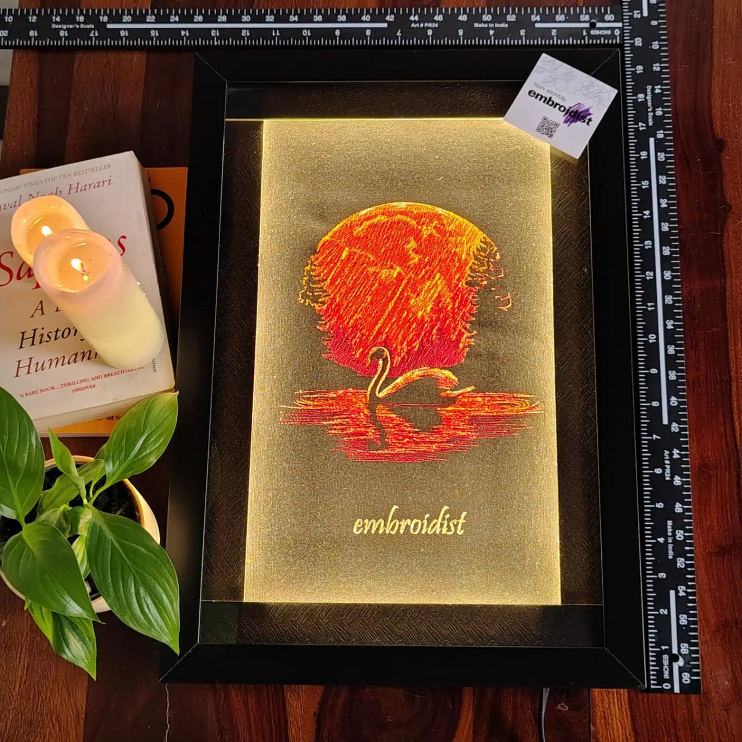 Framed embroidered swan wall art — 18.6 x 12.9 inch machine embroidery handcrafted in India by Embroidist