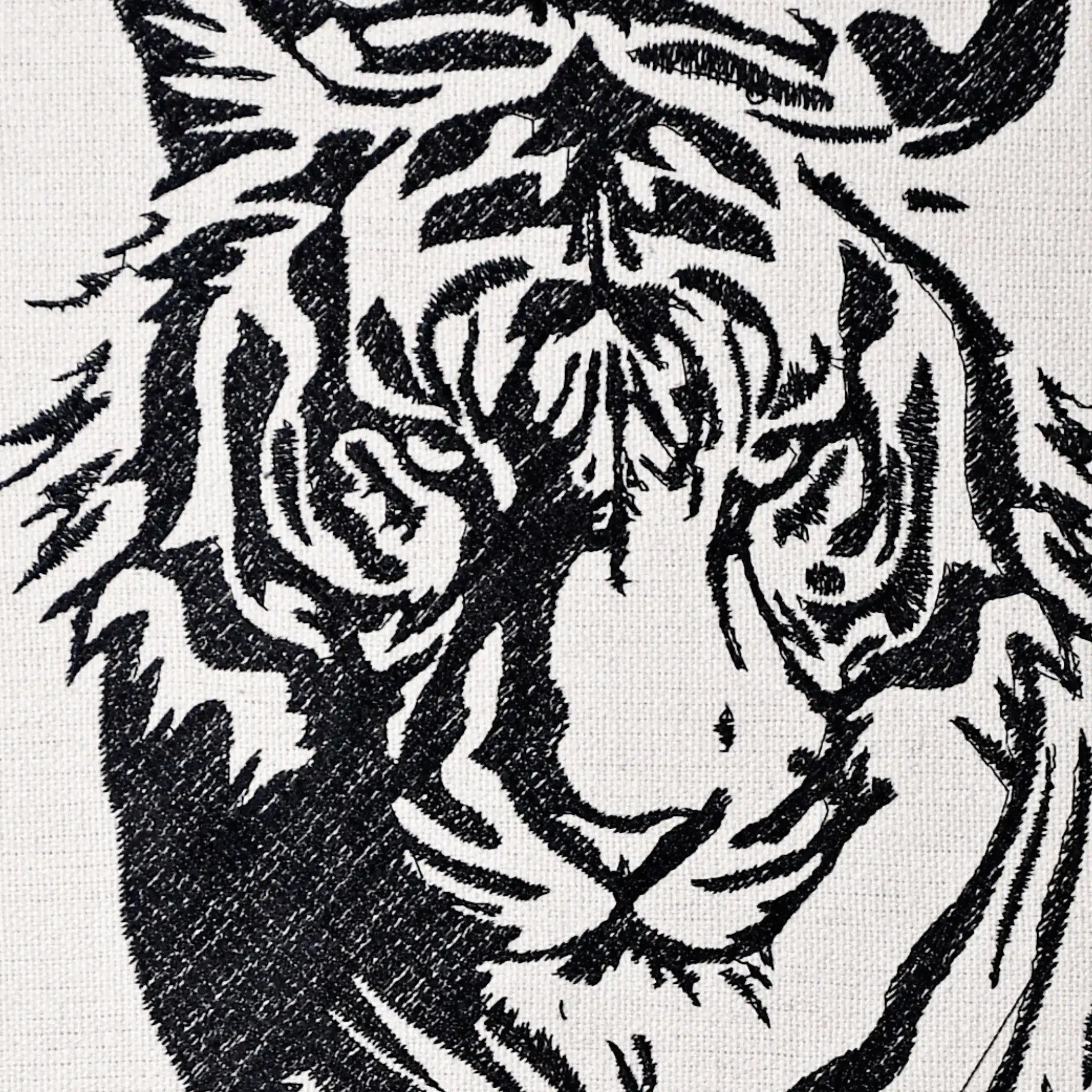 Close up of tiger thread embroidery detail — Save The Tigers wall art by Embroidist