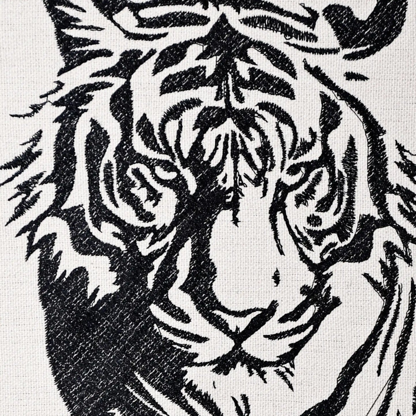 Close up of tiger thread embroidery detail — Save The Tigers wall art by Embroidist