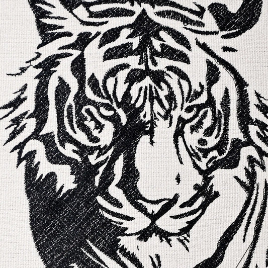 Close up of tiger thread embroidery detail — Save The Tigers wall art by Embroidist